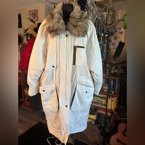 PIZAZZ Vintage 90s Cream Cotton Parka Faux Fur Collar Aspen Ski Lodge NWT M/L